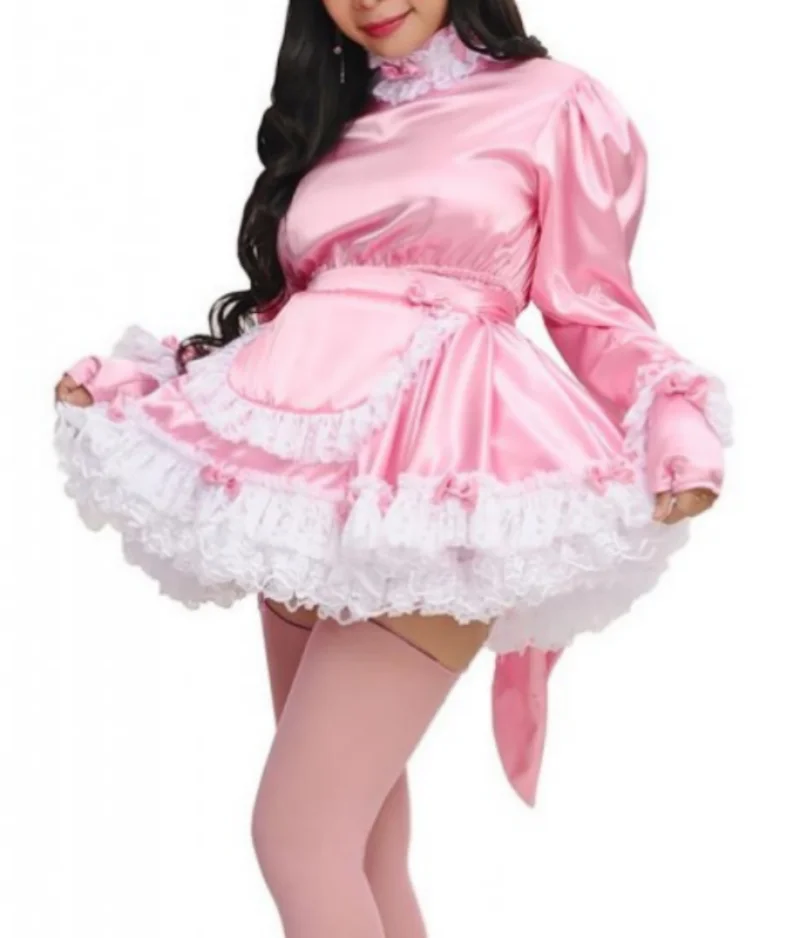 

Hot Selling Gothic Pink Satin Long Sleeved Lace Pleated Dress in France Cute Mid High Neck Sissy Adult Role-playing Costume