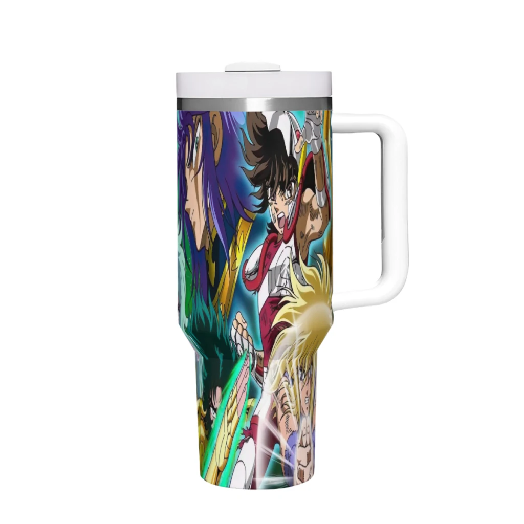 

Knights of the Zodiac Cartoon 40 oz Tumbler with Handle and Straw Lid,Stainless Steel Insulated Tumblers,Travel Coffee Mug Cup