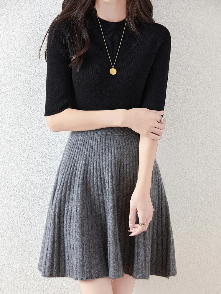 Women's Wave Short Skirt 100% Merino Wool Mini Skirts Autumn Winter Sweater Umbrella Skirt High Waist Stretch Sweet Knit Dresses