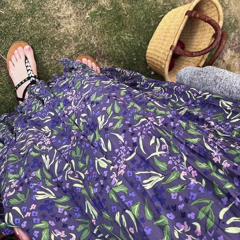 High Waisted Elastic Purple Floral Skirt for Women in Spring and Summer New Slimming A-line Long Skirt Retro Big Swing Skirt