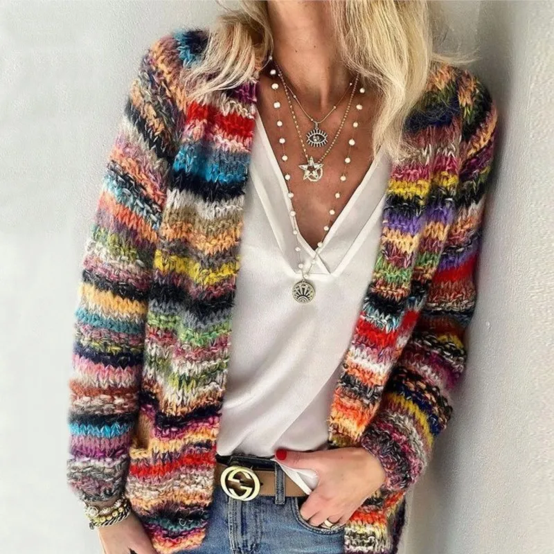 

Casual Vintage Colored Sweater Cardigan 2025 Autumn/Winter Knitted Jumper Loose Oversize Hoodie Thin Jacket Coat Female Clothing