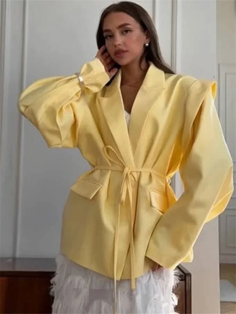 

2025 New Commute Suit jacket Female Lace-Up Loose Pocket Patchwork Lapel Party Looks Outwear For Women Bandage Coat jacket