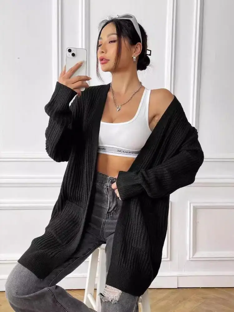 

Женский модный осенне-зимний элегантный универсальный вязаный топ с длинным рукавом, карманами, праздничный свитер, повседневная простая уличная одежда