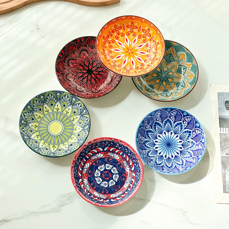 6-Piece Bohemian Hand-Painted Underglaze Ceramic Plates - Sushi/Fruit/Salad/Snack Dishes, Dishwasher & Microwave Safe
