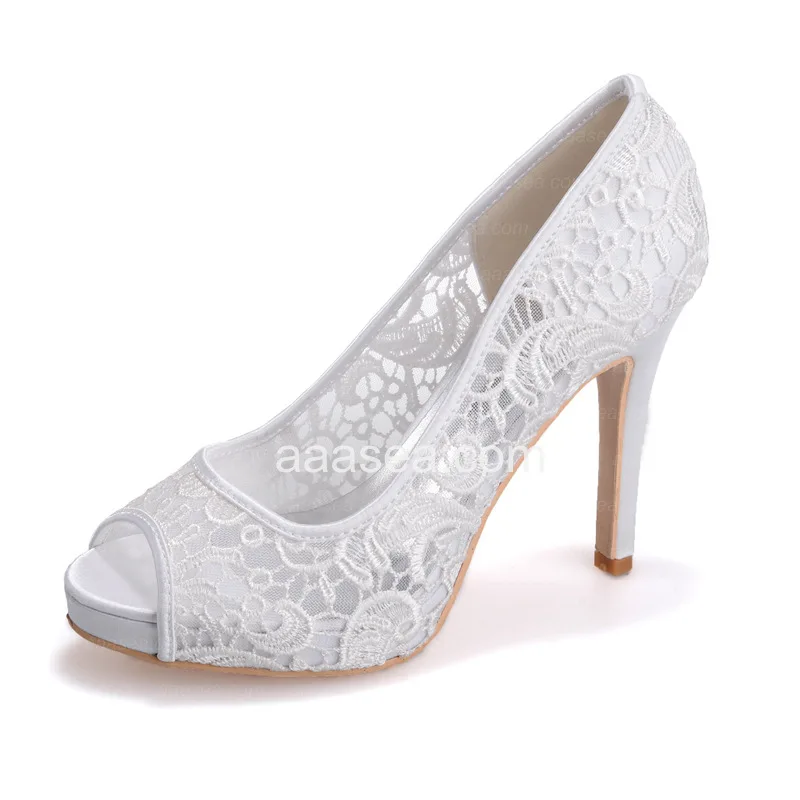 2023 New Women White Lace Wedding Shoes Female Sexy Fish Mouth High Heels Shoes Bride Dress Banquet Shoes Platform Heels