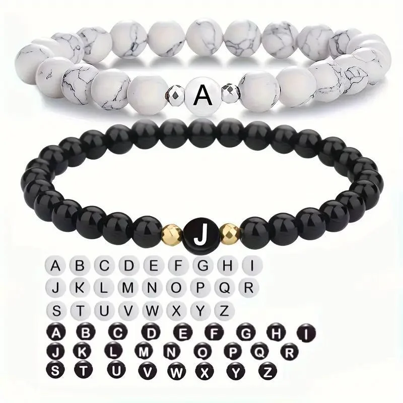 2 Pack Stretch Couple Bracelet Set 26 Letter Synthetic Turquoise Glass Beads Daily Casual Jewelry Gift For Couples Friends Famil