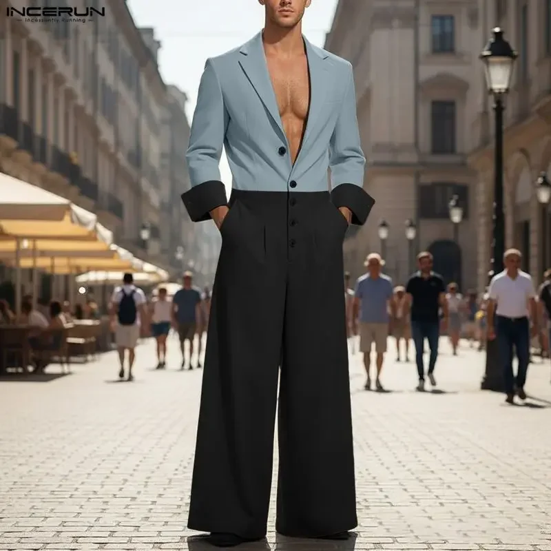 

INCERUN Men Jumpsuits Patchwork Color-block Lapel Long Sleeve Male Overalls Streetwear Loose 2026 Fashion Casual Overalls Men