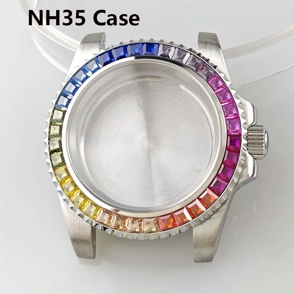 NH35 Case 40.4mm, Colored Crystal Bezle Flat Glass Steel Watch Case for NH34 NH35 NH36 Movement Watch Shell Fit 29- 28.5mm Dial