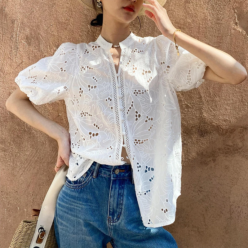 Bohemian White Embroidered Hollow Out Shirt Women\'s Spring/Summer Casual Vacation Top 2024 New In