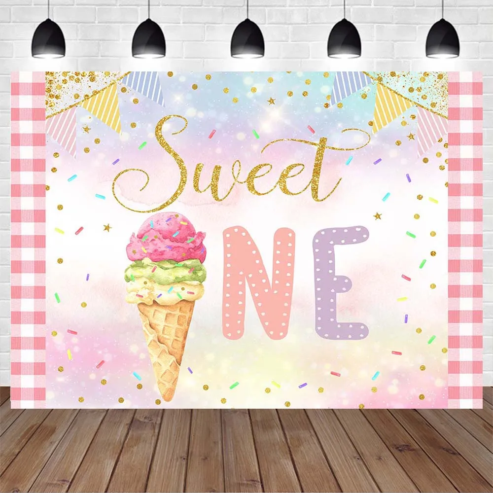 Mocsicka Ice Cream Birthday Party Photo Background Decor Sweet One Girl 1st Birthday Backdrop Photography Dessert Table Banner