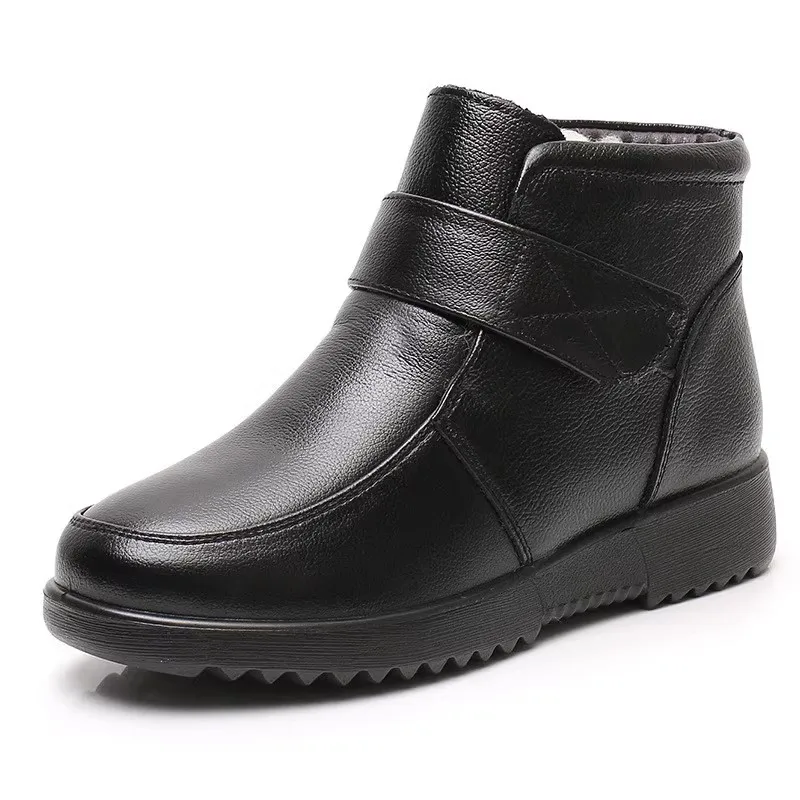 Winter Women Genuine Leather Flat Casual Ankle Boots Female Thick Plush Warm Snow Boots Mother Waterproof Non-slip Booties