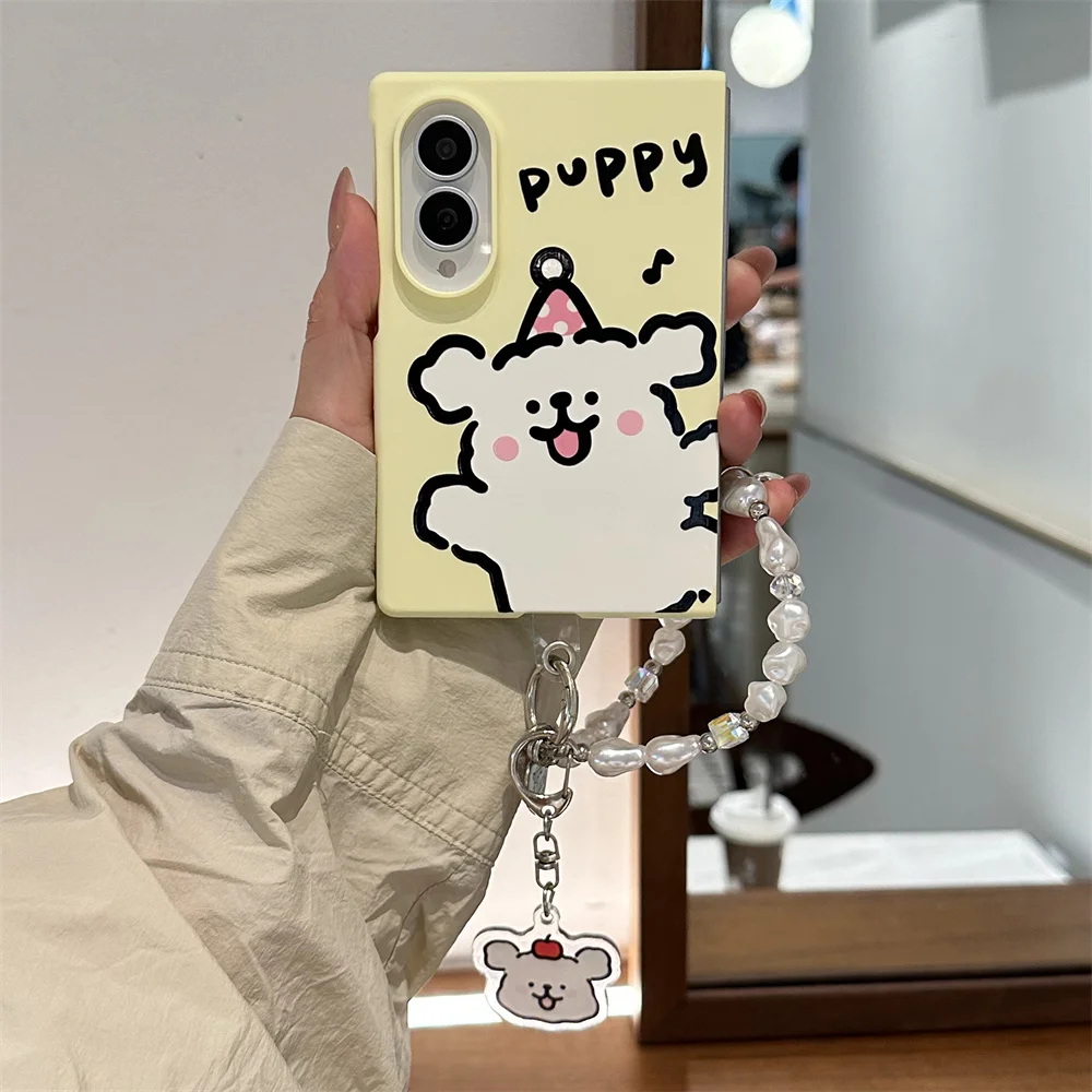 Cute Party Hat Puppy Phone Case For Samsung Galaxy Z Fold 8 Ultra Light Yellow Protective Cover Chain Pendant For Women