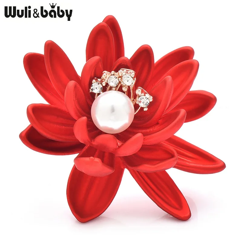 Wuli&baby Red Soft-paint Lotus Flowers Brooches Pins For Women Unisex Pretty New Year Christmas Brooch Gifts