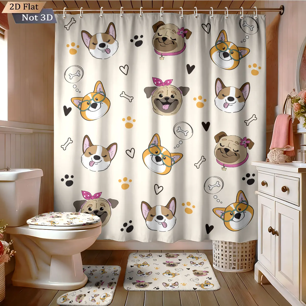 

4pcs Cute Cartoon Puppy Print Bathroom Set 180x180 Waterproof Shower Curtain 12 Hook Floor Pads, Toilet Pads, U-Shaped Floor Pad
