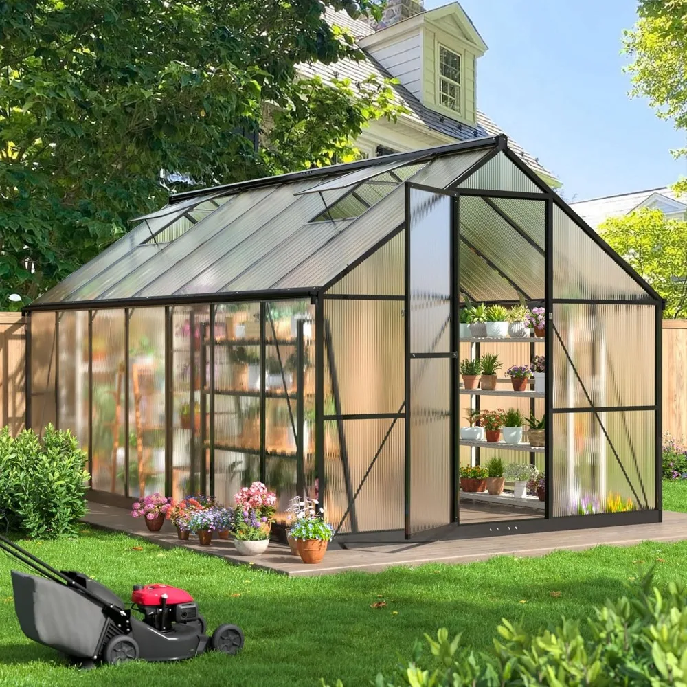 

8x14 FT Greenhouse with Roof Vent & Quick Setup Structure, Aluminum Large Walk-in Green House, Outdoor Polycarbonate Greenhouse