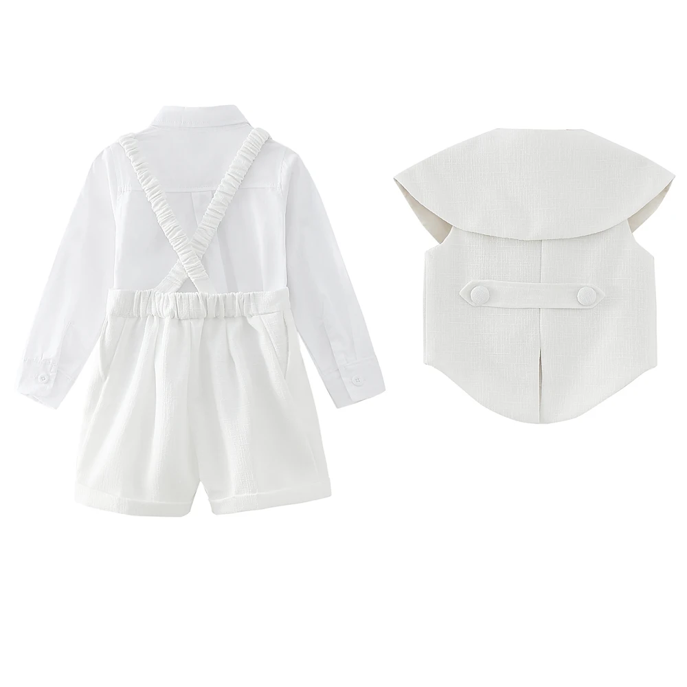 Children 4pcs Autumn Clothing Sets White Boys Formal Suits Vest Shirts shawl Shorts Bowtie Outfits Kids Birthday Boutique Dress