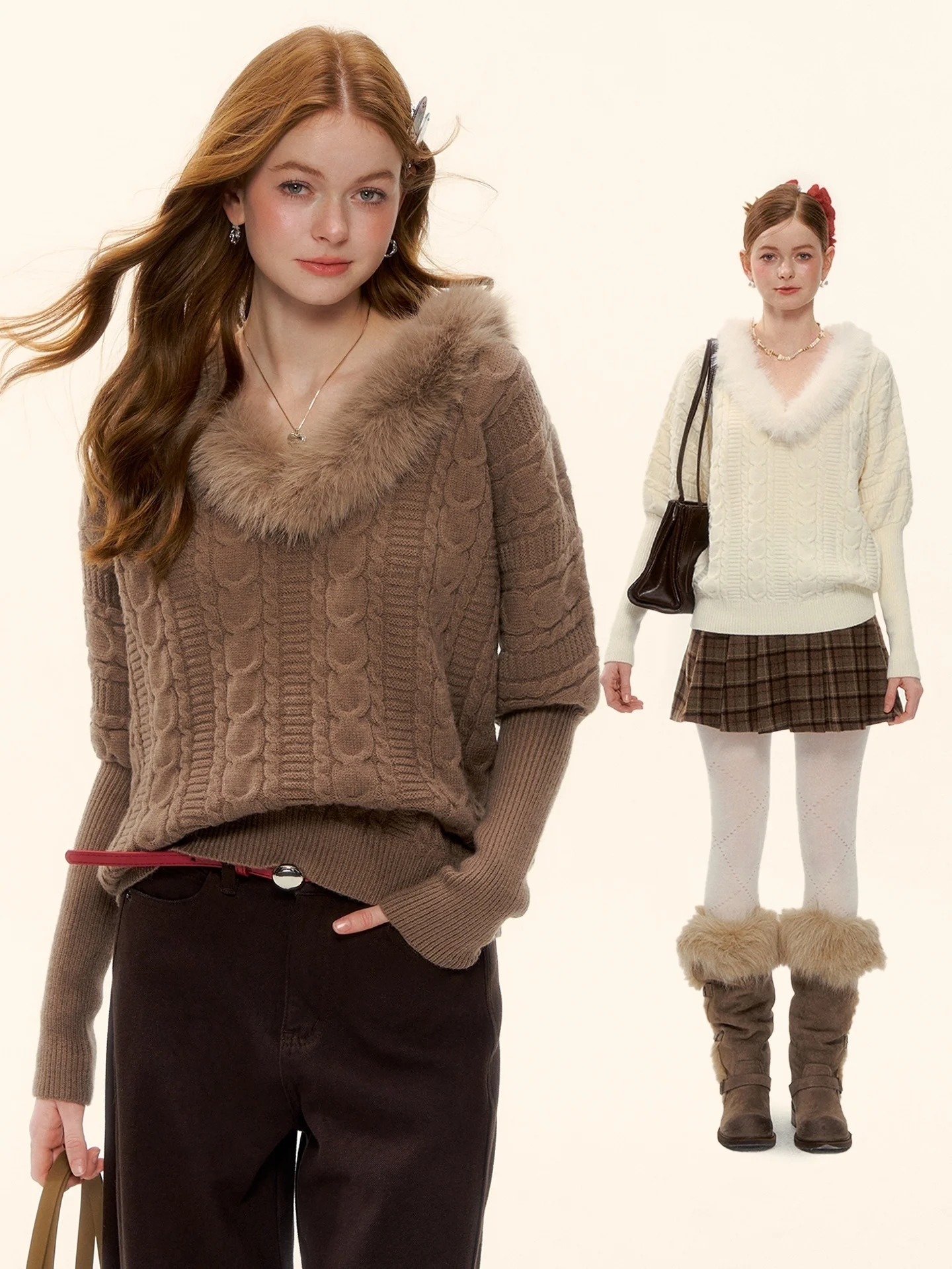 

Вязаный свитер AsGony в винтажном стиле с V-образным вырезом, узором косы, свободным кроем, средней толщины, с завышенной талией, повседневный, свободный крой, средней толщины