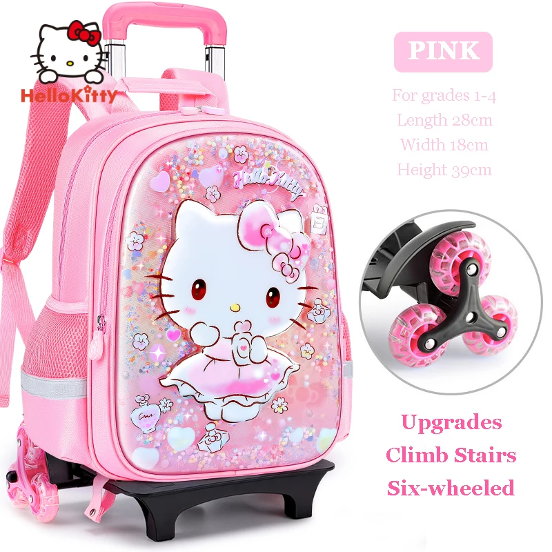 Miniso Hello Kitty Girl 6 Wheelded School Bag Pupils Cartoon Backpack Student Schoolbags Children Trolley Bags Grade 1-3-6 Gifts