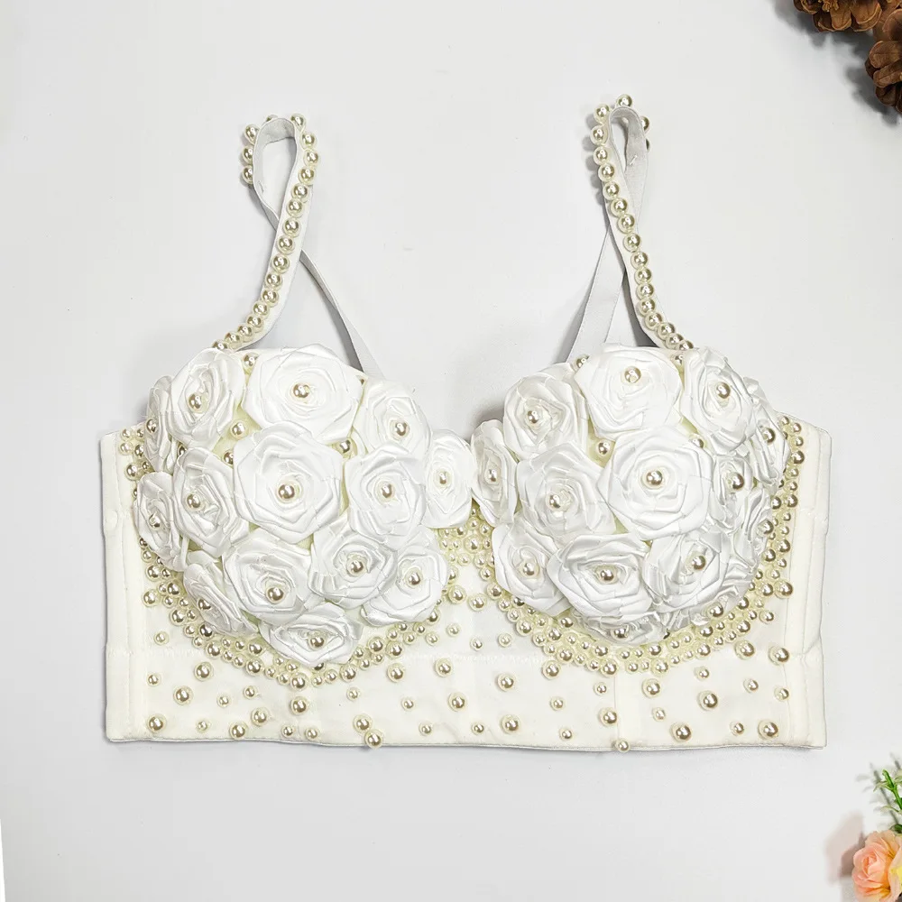 Waist Length Short Shaping Vest Style Bra with A Three-dimensional Rose Flower Pearl Fishbone Bra