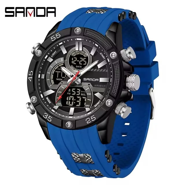 SANDA 6162 Men Quartz  Watch Creative Sports Waterproof Luminous Chronograph Dual Display Silicone Strap Wristwatch for Male