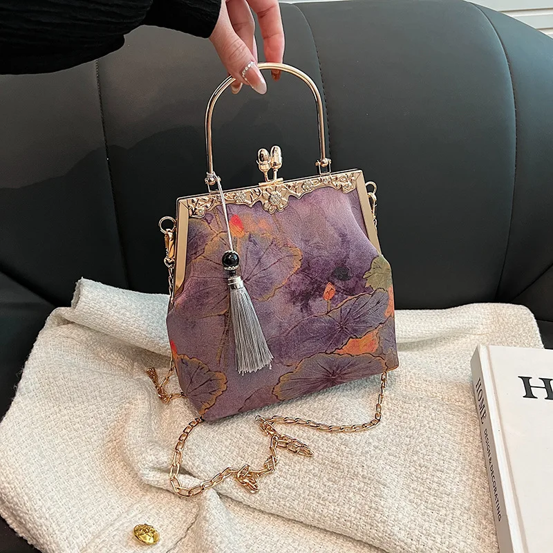 

Vintage Purple Green Women's Crossbody Handbag Chinese Style Leaves Print Small Evening Bag Fashion Chain Shoulder Strap