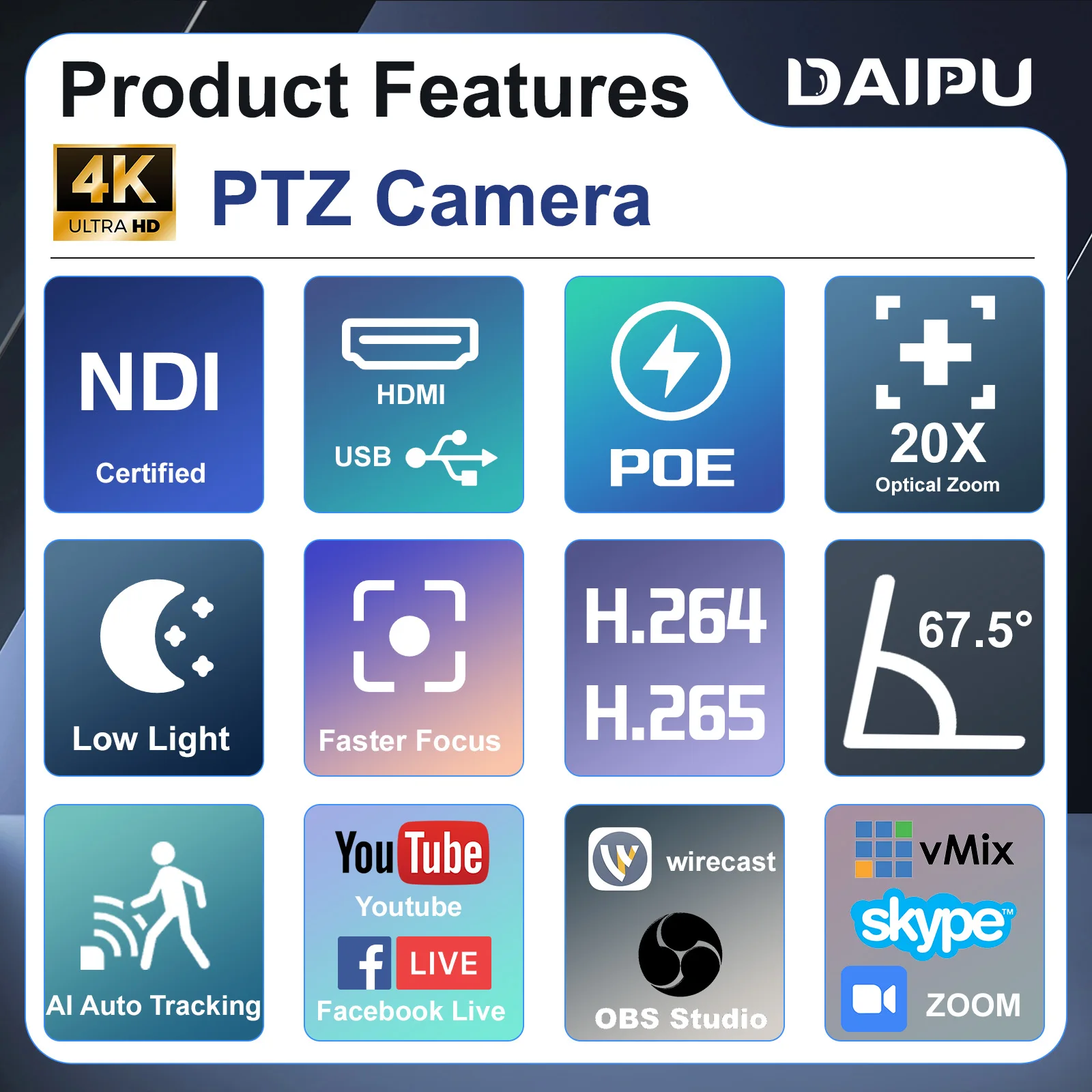 DAIPU PTZ Camera NDI 4K 30X 20X 10X Optical Zoom HDMI SDI USB LAN POE Video Conference Room PTZ Camera for Church Live