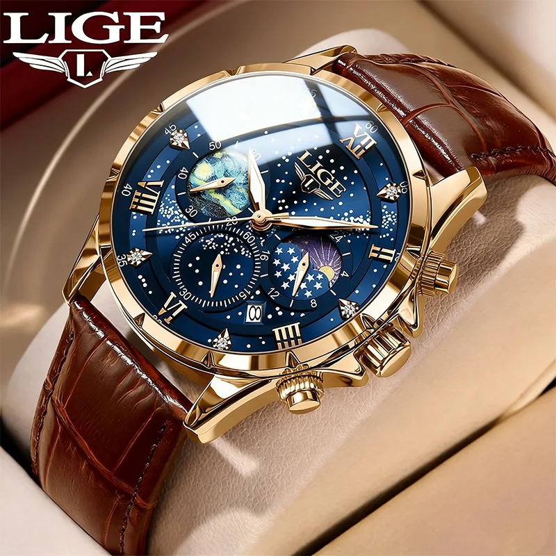 LIGE Men's Luxury Watch Rose Gold Case Leather Sport Quartz Watches Elegant Starlight Moon Phase Waterproof Calendar Men's watch