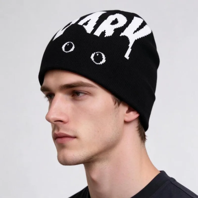 Y2K Gothic DARK Letter Cat Eyes Knitted Beanie Winter Stretchy Skull Cap Punk Streetwear Warm Hat for Men Daily Party Accessory