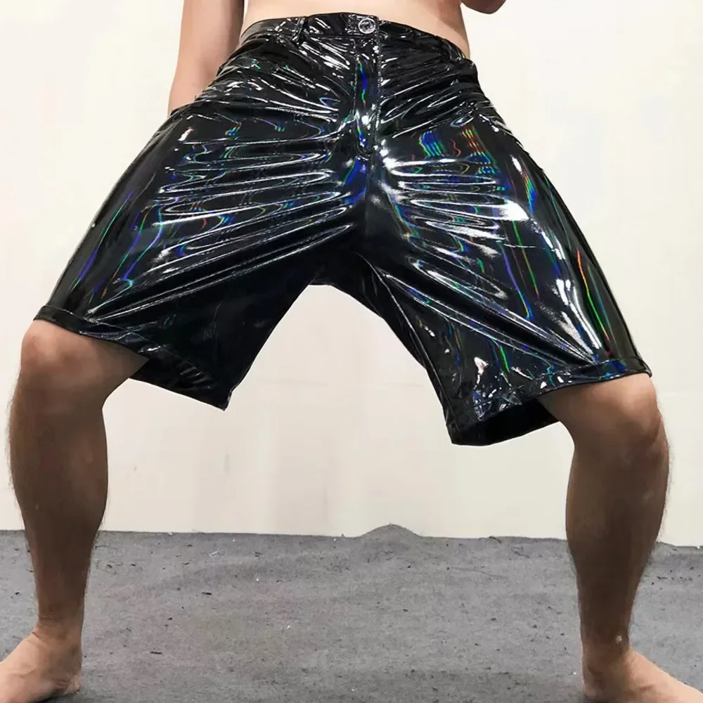 Men's Large Baggy Pants Night Club Performance Elastic Soft Patent Leather Summer Colorful Mirror Shiny Loose Leather Pants