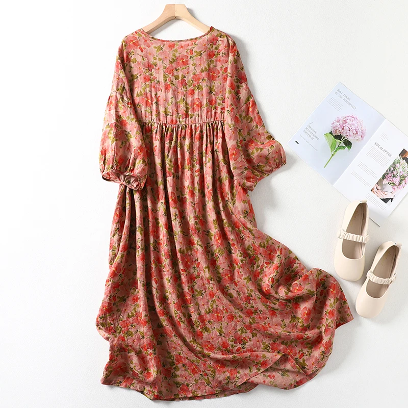 2024 Spring Summer Age Reducing Waist Folding Unique Loose Version Beautiful Dress Oversize High Quality Women Print Dress F001