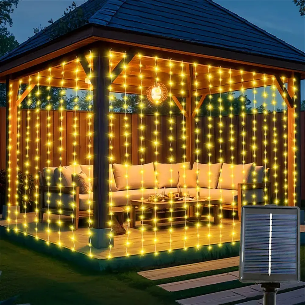 

1 шт. Светодиодная гирлянда-штора на солнечной энергии 3x1/3x2/3x3/6x3 м, для свадьбы, улицы, 8 режимов освещения, украшение для Рамадана