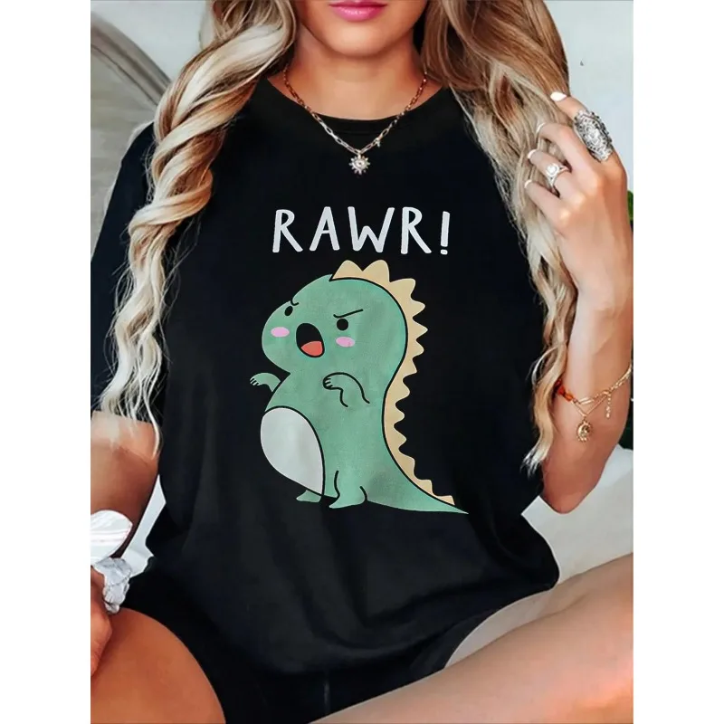 Women's Cotton Cute Angry Dinosaur Printed T-shirt Women's Christmas Top Casual Fashion Round Neck Women's Loose T-shirt