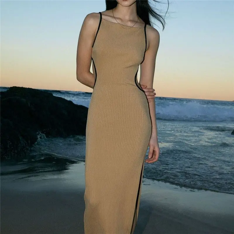 

2024 Sexy Hollow Open Back Slit Suspended Dress Design with Contrast Color Lacing Slim Fit Long Dress