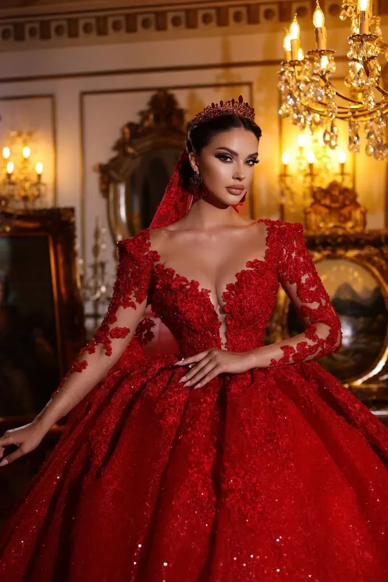 Personalizado dubai lindo laço vermelho vestidos de casamento mangas compridas brilhante casamento árabe vestidos de noiva 2025 vestido de novia