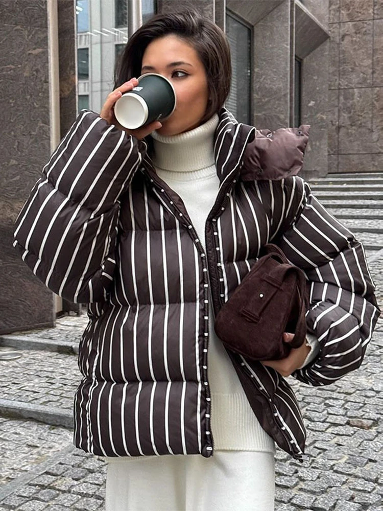 

Warm Brown Vertical Stripes American Retro Style Hooded Bread Coat Short Cotton Jacket Women's Winter Fashion Outerwear
