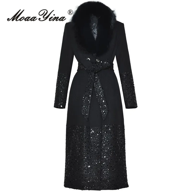 MoaaYina Fashion Women's Woolen Collar Thick Coat Strap Waist Pocket Glitter Splicing Mid length Design Sense Coat