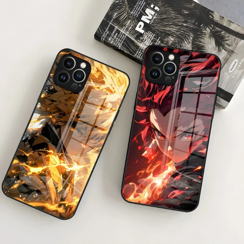 Anime Demon Slayer Phone Case For IPhone 15 Pro 14 13 12 11 Mini X XS XR Max 6 8 15pro Plus SE 2020 Glass Design Cove