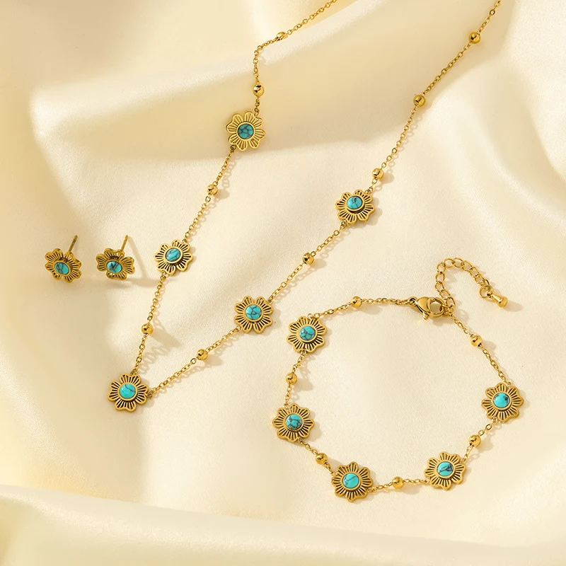 EILIECK 316L Edelstahl Künstliche Türkisblumen Halskette Armband Ohrringe Set Modischer Goldfarbener Wasserdichter Schmuck – Detail 12