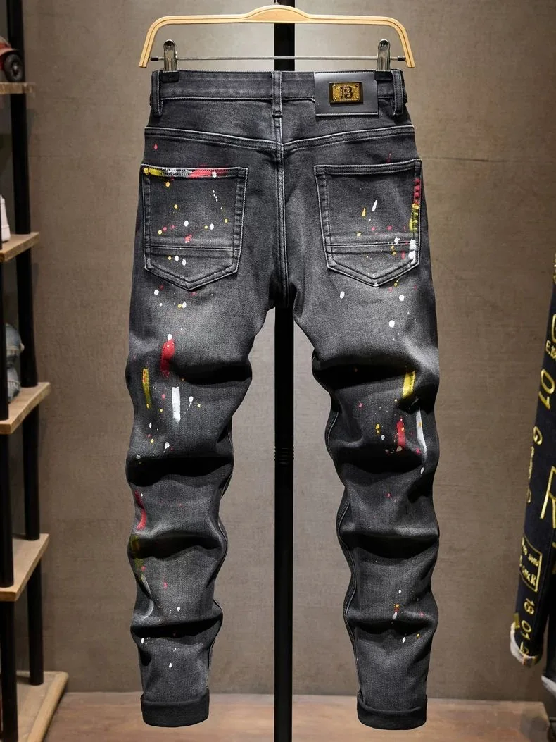Autumn and Spring New Fashion Trend Printed Straight Leg Ripped Jeans Men's Casual Slim Fit Sports High Quality Denim Pants