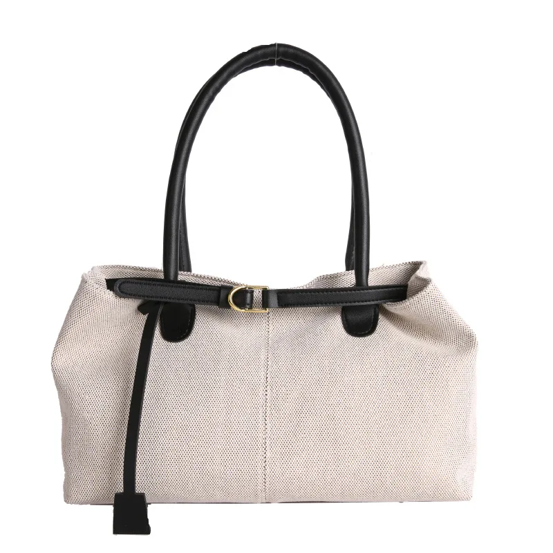 

Minimalist Canvas Tote Bag for Women Contrast Black Leather Trim Shoulder Bag Large Capacity Handbag for Daily Work & Travel