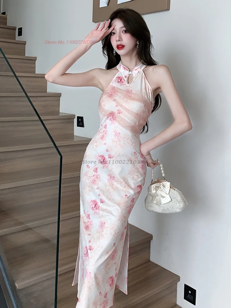 

2025 chinese sexy dress improved cheongsam national flower print sleeveless qipao retro nightclub banquet evening dress qipao