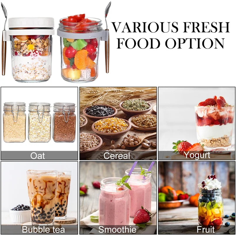 ABHZ-4PCS حاويات الشوفان بين عشية وضحاها برطمانات الشوفان مع ملاعق دقيق الشوفان محكم مع علامات القياس #3