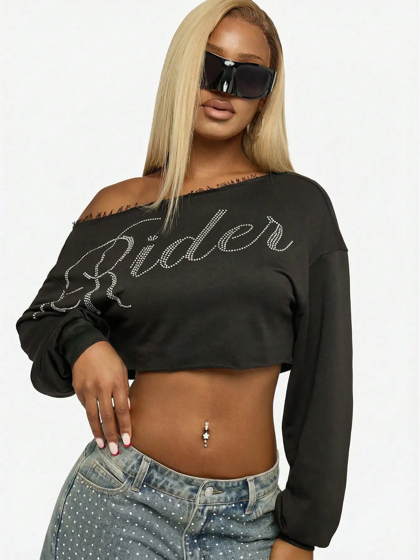 

Women's Rhinestone Rider Off Shoulder Cropped Sweatshirt Long Sleeve with Raw Hem