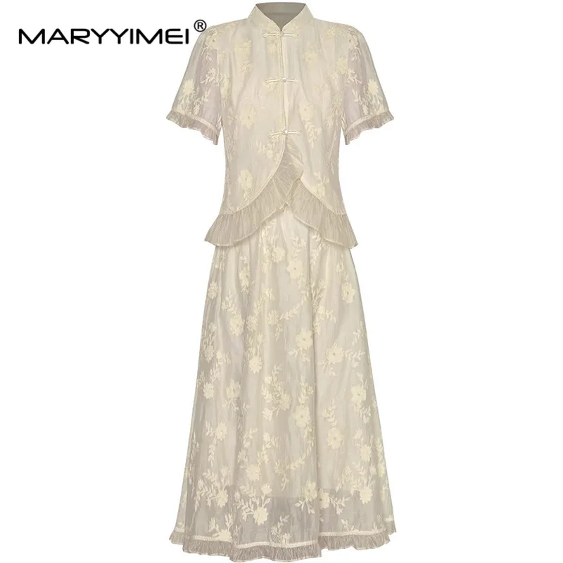 

MARYYIMEI Spring Summer Women's Suit Stand Collar Single Breasted Top+Elastic Waist Half Skirt Embroidery 2 Piece Set