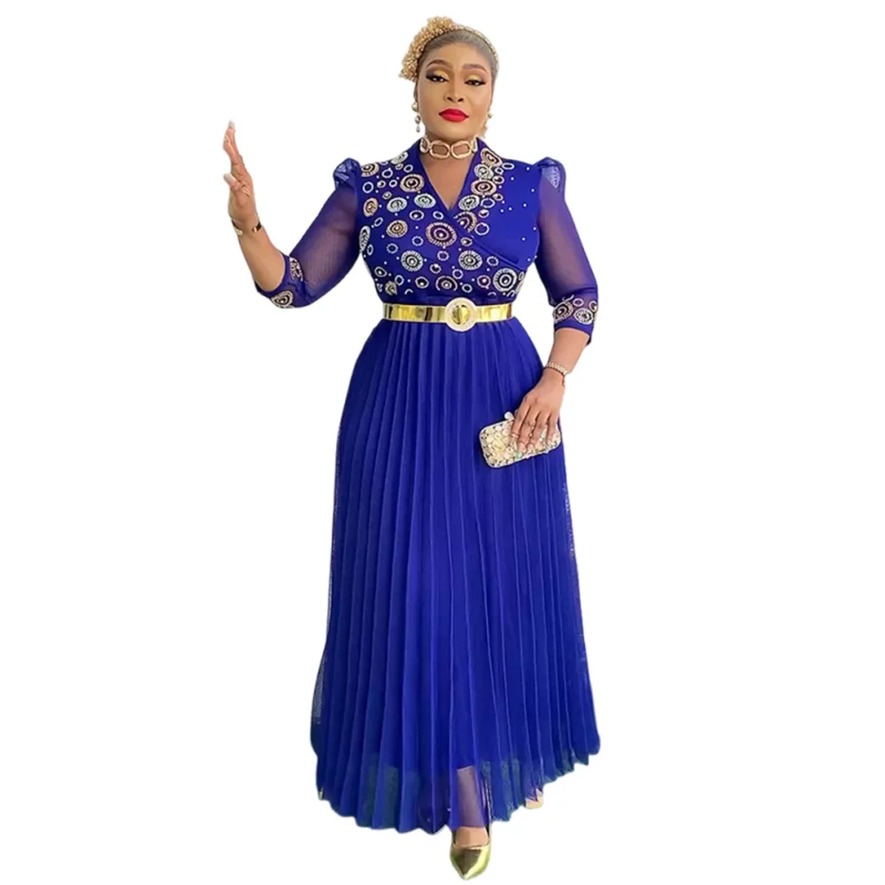 คุณภาพสูงแอฟริกันพรหมชุดหรูหรา PLUS ขนาด Rhinestone ชุดราตรียาว