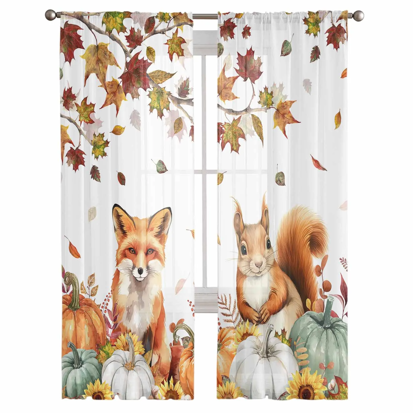 Autumn Maple Leaf Pumpkin Fox Squirrel Curtains Living Room Bedroom Kitchen Decoration Window Voiles Organza Tulle Curtain