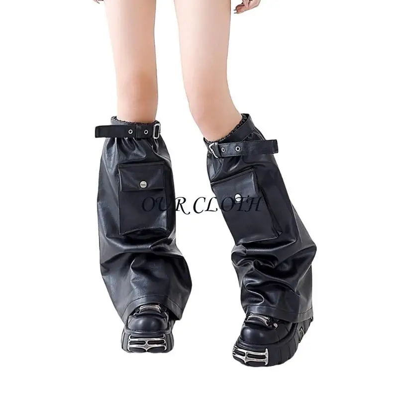 Women Punk Black Leg Warmer Eyelets Strap Pocket Faux Leather Flared Leg Covers Y1AC