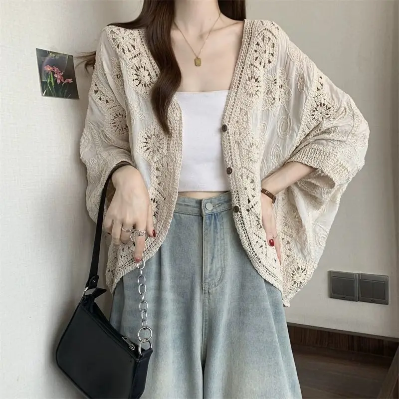 

Chinese Style Crochet Hollow V-neck Shirt Women's Large Size Outer Wear Sun Protection Cardigan Top China Clothes Tops Clothing