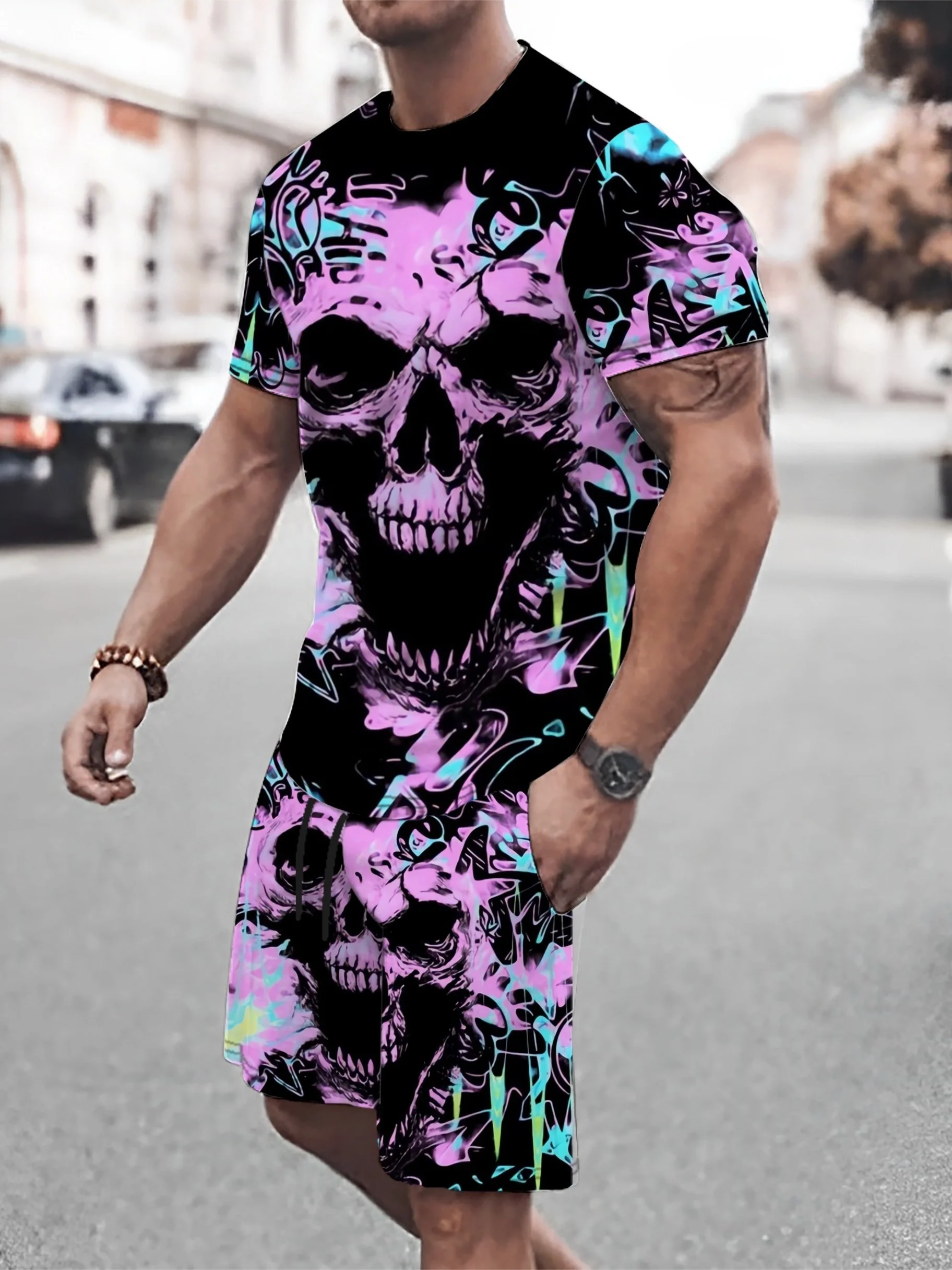 Men's Clothing Tracksuit Set 2 Piece Sport Suit Funny Skull 3D Print Autumn Casual Men Set Short Sleeves Shorts Outfit Tracksuit