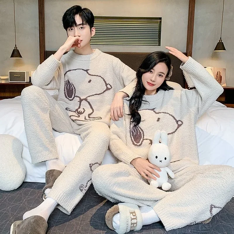 Snoopy animation peripheral cartoon couple pajamas for women autumn and winter thickened plush warm men's home clothes set gift